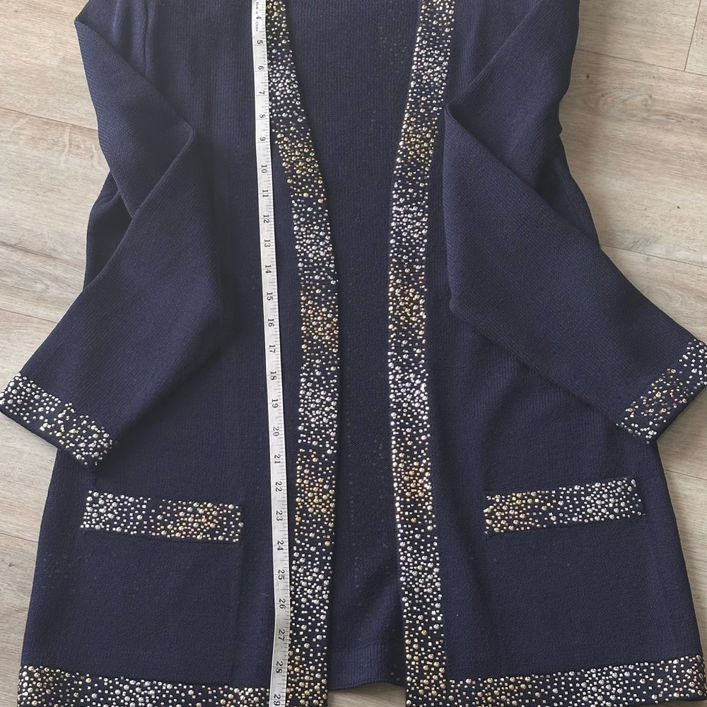 St. John Evening Navy blue with Gold/silver accents Open Front Cardigan